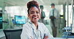 Scientist, woman and arms crossed or smile in laboratory with lens flare for cognitive study, medical research or test. Science, expert and technology for healthcare report or knowledge investigation