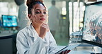 Science, tablet and woman at computer thinking, brainstorming or checking online results for study. Medical research, healthcare and scientist at desk with website search for problem solving in lab