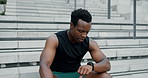 Black man, smart watch and stairs with fitness, workout and training with break and endurance. Steps, African person and athlete with goals, progress and tracker with hobby and checking time with app