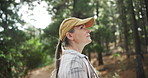 Hiking, forest or mature woman thinking in woods or nature for peace, trekking or outdoor adventure. Trip, relax or female hiker walking in park or Norway for exercise or wellness on holiday vacation