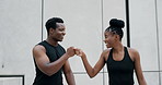 Fitness, fist bump or couple in city for workout, exercise or wellness for progress, development or goals. Relax, happy or healthy black people resting on break in outdoor training for bonding in USA