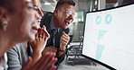 Computer screen, analytics and team winning with information, bonus or target for business growth. Cheers, success and support in meeting with data analyst, people in collaboration with dashboard