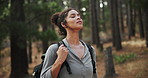 Breathe, relax or woman hiking in forest, woods or nature for calm peace, trekking or outdoor adventure. Backpack, zen lady or hiker in park or Norway for travel, trip or wellness on holiday vacation