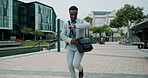 Business man, running and check watch in street with reminder for corporate job with speed on urban sidewalk. African employee, person and worker with time, rush and schedule for fast commute in city