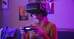Gaming, virtual reality and woman with controller at night for entertainment, online games and esports. Gamer, neon lighting and person with vr goggles for metaverse, cyber world and competition