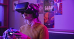 Gaming, virtual reality and woman with controller in neon lighting for entertainment, online games and esports. Gamer, night and person with vr goggles for metaverse, cyber world and competition