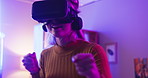 Gaming, virtual reality and woman boxing in home at night for entertainment, online games and esports. Gamer, neon lighting and person with vr goggles for metaverse, cyber world and competition