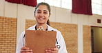 Doctor, clipboard and face of woman with planning in hall for healthcare, checklist or schedule. Medical professional, paper and happy with document for information, review and community service
