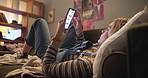 Woman, phone screen and sofa with app for food delivery with scroll, thinking and choice in apartment. Girl, person and smartphone on couch online shopping, decision or order with click on ux in home