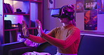 Gaming, virtual reality and woman with hands at night for entertainment, online games and esports. Gamer, neon lighting and person with vr goggles for digital metaverse, cyber world and competition