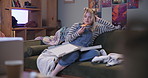 Woman, pizza and sad on sofa in home for bad memory, mistake and mental health with ideas in messy living room. Girl, person and binge eating in lounge with fast food for depression on couch in house
