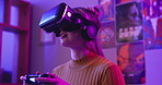Gaming, virtual reality and woman with goggles at night for entertainment, online games and esports. Gamer, neon lighting and person with vr and controller for metaverse, cyber world and competition