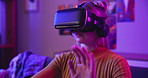Gaming, virtual reality and gamer woman with hands at night for entertainment, online games and esports. Digital, neon lighting and person with vr goggles for metaverse, cyber world and competition