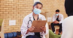 Doctor, patient or health outreach for community service with consultation, healthcare checklist or volunteer. NGO, charity and woman or talking for medical support or social responsibility with mask