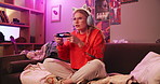 Woman, controller or gaming to focus, play or virtual challenge of esport, competition on sofa. Gen z female gamer, remote tech or internet to remember how to solve and level up in online contest