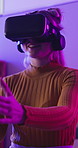 Vr, gaming and woman relax in home with headset, technology and online creative experience. Virtual reality, game and girl explore streaming software with futuristic esports glasses with app