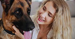 Woman, dog and scratch pet for love connection in apartment with support, wellness or together. Female person, german shepherd and stroke animal for loyalty happiness with owner, comfort or bonding