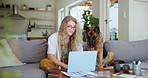 Female, sofa and dog on laptop with glasses at home, emotional support animal for love. Woman, couch and German Shepherd with technology and specs for education, internet or online and connection
