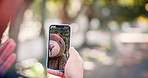 Video call, outdoor and screen with bear costumer, man and communication with connection and sunshine. Online meeting, social media or summer with cellphone or mobile user with digital app or network