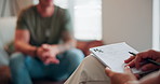 Psychiatry, notes and therapist with prescription for man on sofa for help in ptsd, trauma or stress. Mental health, counselling and veteran on couch for consultation, treatment or medical support