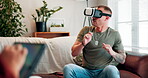 Monitor, experiment and man on sofa with vr glasses for user experience or Psychological research on tablet for behavior. Male person, digital technology and virtual reality for metaverse and study.