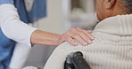 Home, caregiver and hand on old man with support and kindness in retirement healthcare. Elderly, patient and nurse helping person with disability in wheelchair and gratitude for homecare with empathy