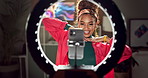 Record, influencer and woman with phone for live streaming on social media, mobile app and website. Happy, content creator and person in ring light on smartphone for dance tutorial, broadcast or vlog