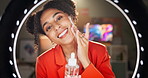 Happy woman, vlog and serum with ring light for beauty, skincare or dermatology in room at home. Portrait of female person or influencer applying cosmetics with smile for anti aging oil or tutorial
