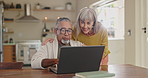 Senior couple, laptop and budget talk with retirement,  funeral and digital investment planning. Relax, conversation and password check for online banking and internet search together   on a website