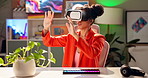 Touch, virtual reality and woman with headset at night for cyber world, metaverse and user interface. Online, digital transformation and person with futuristic technology for AI, software or internet
