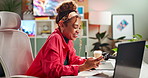 Laptop, phone and creative business woman in office for online search, website and social media. Graphic designer, startup company and person on smartphone for internet, read email and chat on break