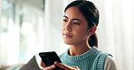 Woman, mobile phone and thinking on couch for text message, internet post or online conversation in lounge. Pensive, smartphone and female person for communication, networking or connectivity in home