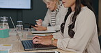 Business hands, laptop and typing in meeting for planning, agenda or schedule in administration. Woman, secretary or worker working on her computer in boardroom for professional seminar and report