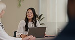 Business people, meeting and discussion for teamwork, collaboration and advice or support with laptop. Happy employees, clients and advisor on computer for sales pitch, proposal or feedback in office
