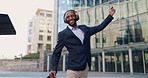 Business man, dancing and headphones in city with smile, steps and spin with bag for commute by office buildings. Person, employee or excited dancer with music, briefcase or outdoor on metro sidewalk