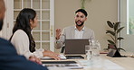 Business people, meeting and laptop in a discussion for teamwork, collaboration and advice or planning. Professional accountant, leader or group listening to pitch, proposal and feedback on computer