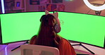 Woman, computer and green screen or gaming streaming with mockup space for subscription, headphones or entertainment. Female person, back and internet connection or online esports, digital or website