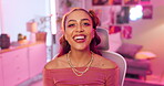 Portrait, video call or live streaming with woman for social media, communication and content creation. Makeup influencer, gen z and blog on app, virtual chat with audience or followers for webinar