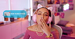 Influencer, streamer and black woman blowing kiss with headphones for excited, happiness and thank you in bedroom. Speech bubble, gesture and person for content creation, broadcast or live streaming