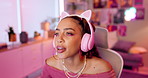 Influencer, streamer and black woman with headphones for communication, happiness and talking with followers. Neon lights, smile and female person for content creation, broadcast or live streaming