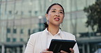 Asian woman, business and thinking with tablet in city for vision, career ambition or future outside building. Female person or employee with smile in wonder for decision on technology in urban town