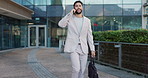 Business man, city and phone call with attorney briefcase and bag with networking and conversation. Urban, travel and morning commute with mobile communication and happy walking in town with tech