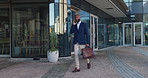 Phone call, walking and business black man in city for online chat, b2b networking and discussion. Travel, office and person on smartphone for conversation, contact and communication on urban commute