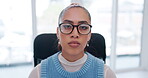 Face, glasses and serious with business woman on chair in office for administration or company audit. Portrait, agency or career and confident young secretary in workplace with professional mindset