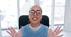 Virtual meeting, happy and face of woman in office for webinar, conversation or conference. Smile, video call and portrait of creative designer with online discussion for communication in workplace.