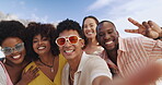 Friends, funny faces and peace sign, selfie and portrait in summer,beach and adventure in vacation. Holiday, group and people with smile, women and men, nature and profile picture in Brazil and trip