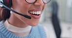 Mouth, headset and woman call center consultant in office for online ecommerce consultation. Crm, talk and closeup of female telemarketing, technical support or customer service agent in workplace.