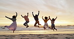Beach, sunset and group of friends jumping with waves, fun and summer holiday on tropical island. Men, women and excited people on ocean vacation together with sunshine, sand and energy on adventure