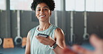 Face, membership card and woman in a gym, healthy and training with confidence and workout. Portrait, person and athlete in a wellness center, customer information and exercise with fitness and smile