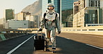 City, travel and astronaut walking in street with suitcase to explore abandoned world, planet and universe. Space suit, future fantasy and spaceman with luggage for exploration, adventure and journey